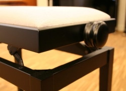 Afbeelding van een hoogglans zwarte pianobank met ranke, smalle poot en"standaard" dekje (stof, sky of soortgelijke materialen; uitgezonderd leer) Prijs: € 249,-